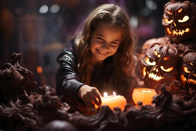 Photo happy girl make halloween decorations at home and preparing for autumn holiday children making jackolantern