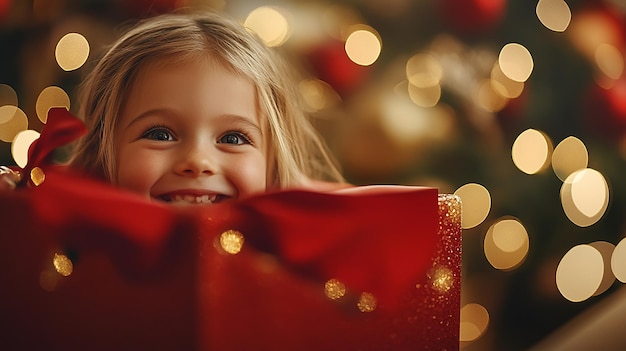 Happy Girl Peeking Out of Big Red Giftbox