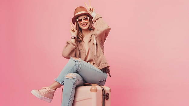 Photo happy girl in pink outfit on a suitcase