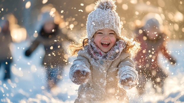 Happy Girl Playing in Snow Winter Wonderland