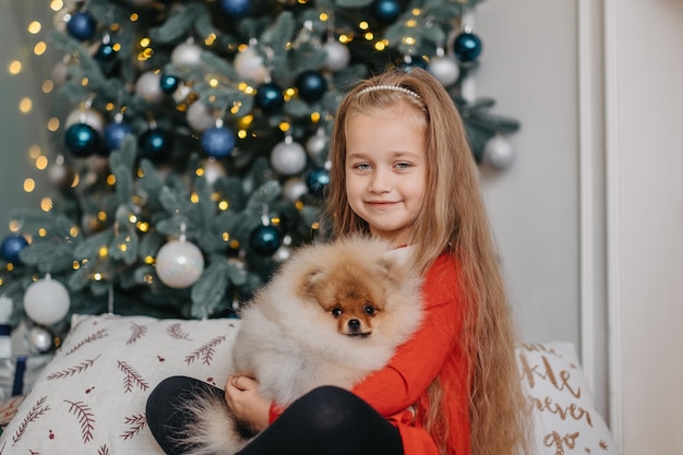 Happy girl posing with cute puppy, X-mas tree on background, long-awaited fluffy present, joy