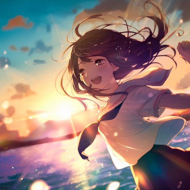 Happy girl in the rays of the sun in anime style