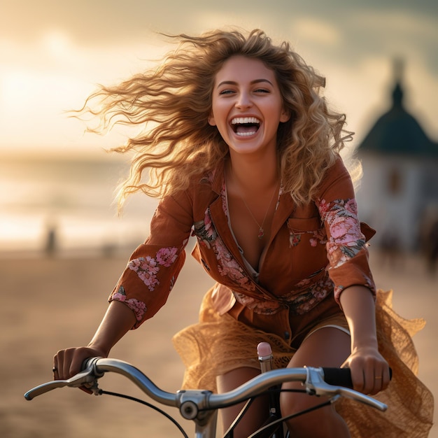 A happy girl riding a bicycle