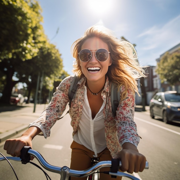 A happy girl riding a bicycle