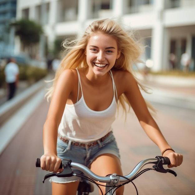 A happy girl riding a bicycle