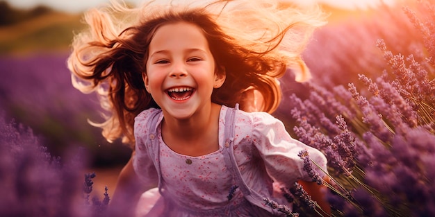 A happy girl runs and has fun in a lavender field Happy child playing