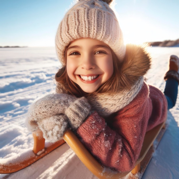 Happy girl sledding outdoors on clear winter day ai generative