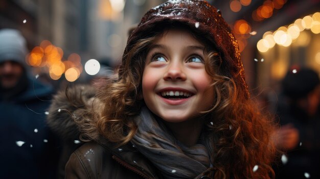 Happy girl in the street under the spell of Christmas