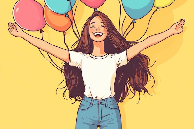 Photo happy girl surrounded by flying balloons in flat art style