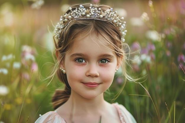 Happy girl wearing a crown is posing in a field of wildflowers