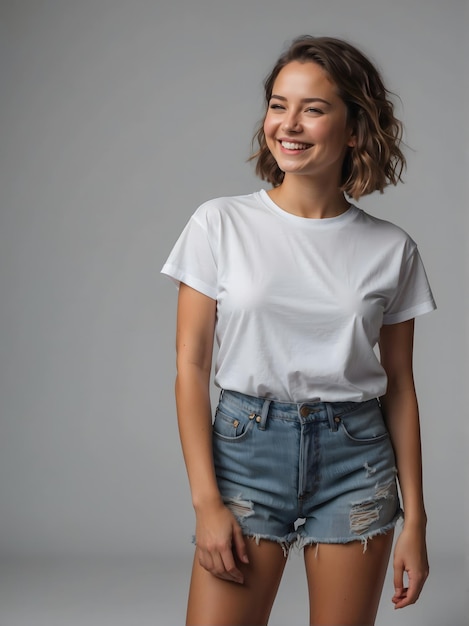 Happy girl wearing white Tshirt and blue jeans Blank white Tshirt Mockup Design