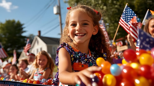 Photo happy girl with american flags and balloons at parade