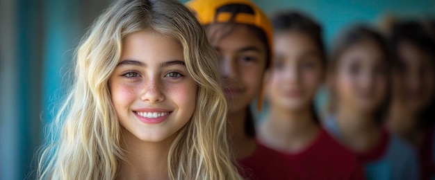 Photo happy girl with blonde hair smiling