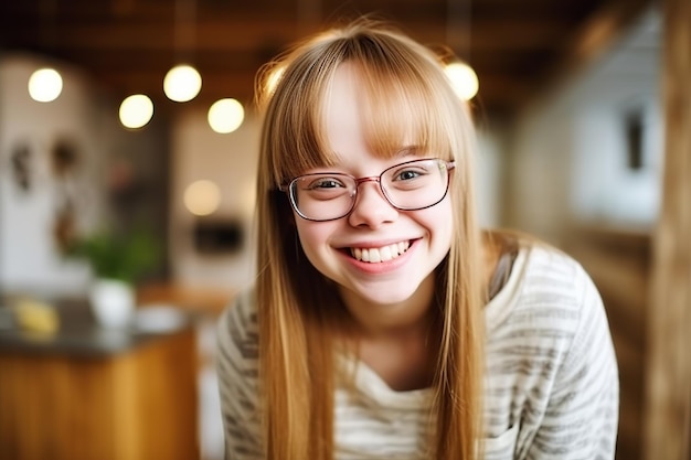 Happy girl with down syndrome at home AI Generated