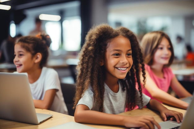 Happy girls class coding Lesson office Generate AI