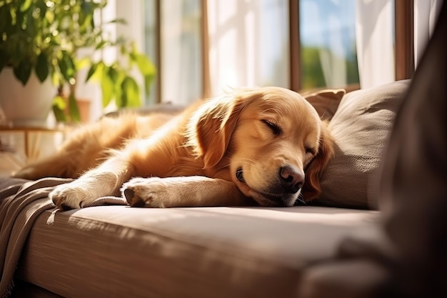 happy golden retriever dog is lying on a cozy sofa