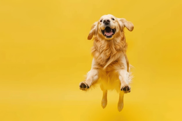 Photo happy golden retriever dog jumping on yellow background