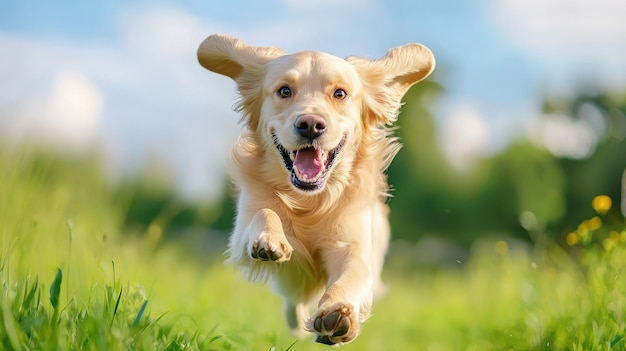 Happy Golden Retriever Dog Running in Green Grass Field