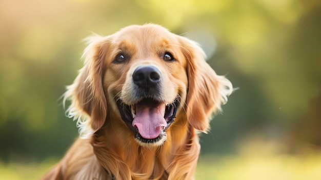 Photo a happy golden retriever dog smiles at the camera with a bright green background