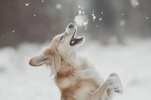 Happy golden retriever joyfully playing in the snow on a winter day capturing the essence of fun and excitement outdoors