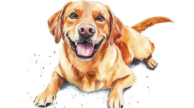 Happy golden retriever lounging comfortably on a white background with a joyful expression and wagging tail