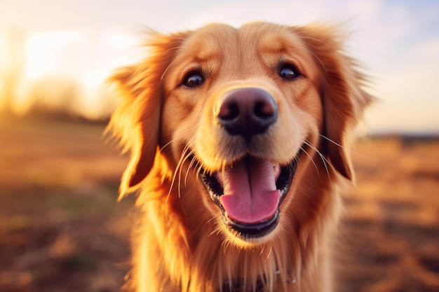 A happy golden retriever with its mouth open and tongue hanging out