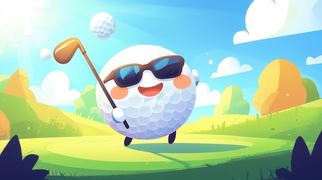 Photo happy golf ball cartoon character with sunglasses on golf course