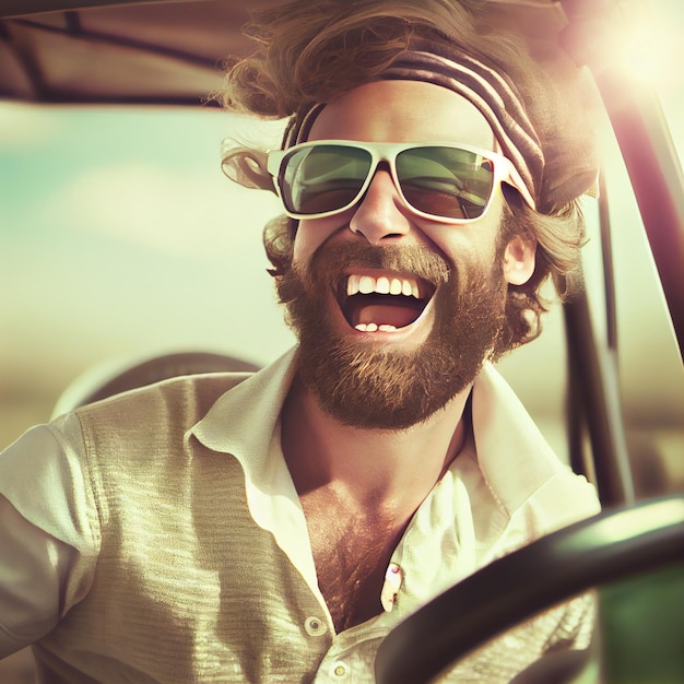 Happy golfer or golf player on golf cart