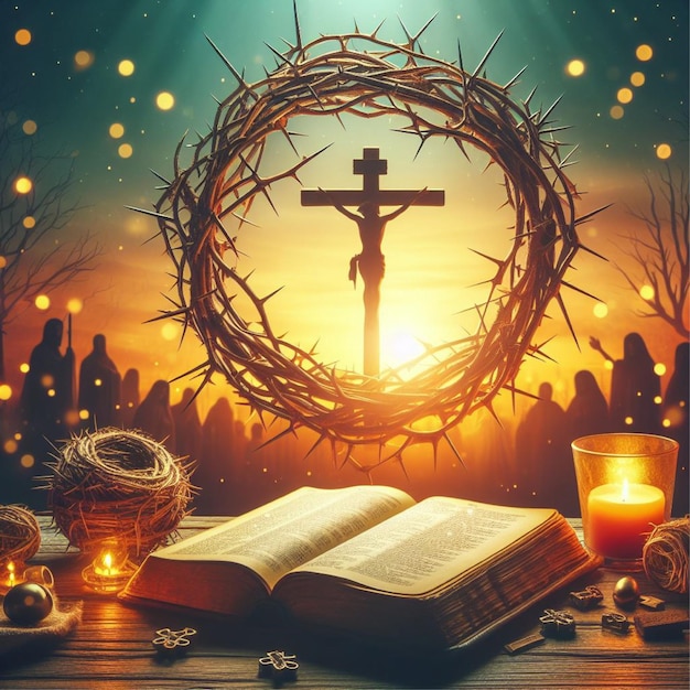 Happy good friday celebration concept with crown of thorns bible christian cross and copy space