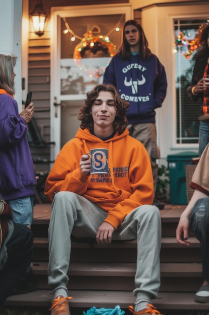 Photo happy graduate celebrates college admission with family on front porch education and achievement