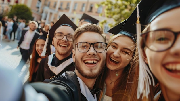 Photo happy graduates celebrating with wide smiles