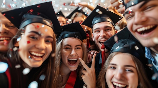 Photo happy graduates celebrating with wide smiles