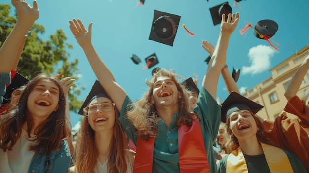 Photo happy graduates throwing caps in the air