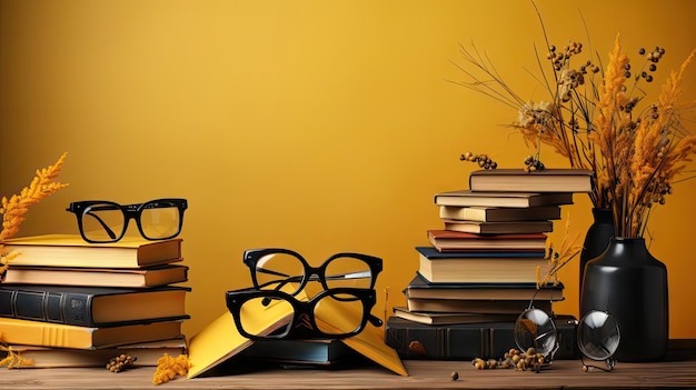 happy graduation background with pile of books and glasses on yellow background