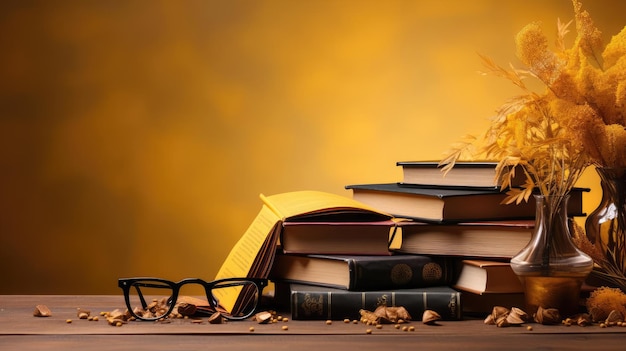 happy graduation background with pile of books and glasses on yellow background