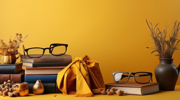 happy graduation background with pile of books and glasses on yellow background