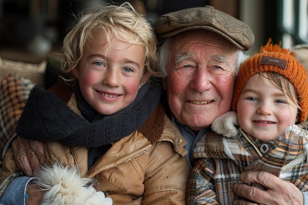 A happy grandfather smiles hugging his grandchildren at home Lifestyle photo Grandparents Day