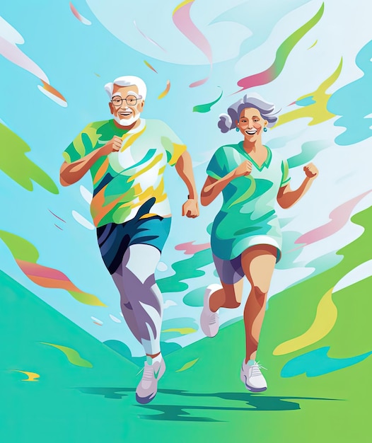 happy grandparents day greeting card with two retired couple running in the style of atey ghailan