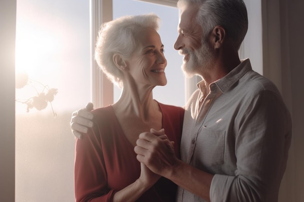 Happy grayhaired mature couple hug holding hands near the window Love and devotiont Generative AI