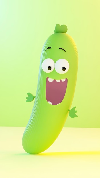 Happy green cartoon zucchini with a wide smile and hands on a bright green background