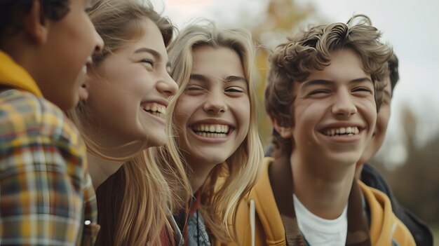 Photo happy group of friends laughing together in an autumnal park