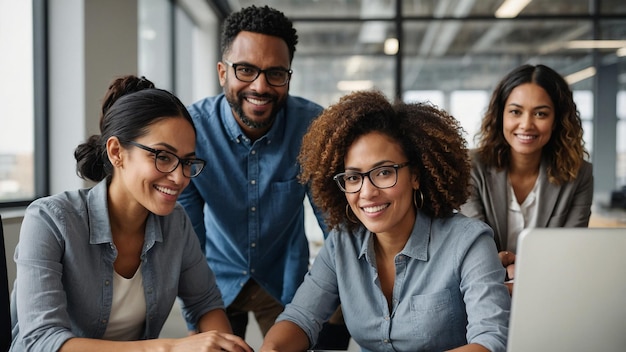 a happy group of people working together in a modern office