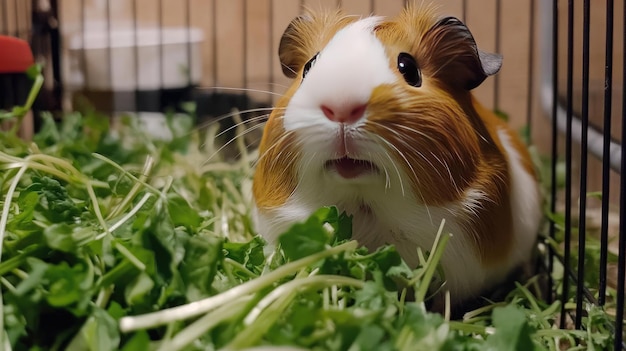 Photo happy guinea pig munching on fresh veggies eyes bright with contentment in a clean and cozy cage