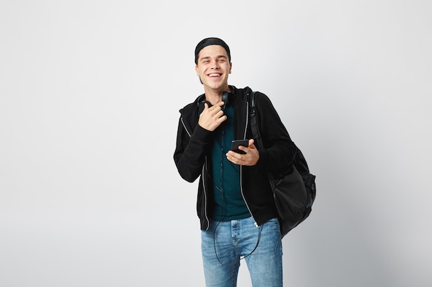 happy guy with a black backpack