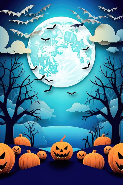 Happy Halloween background with clouds and pumpkins in the style of paper clippings Full moon in the sky spider web skull ghost and flying bats Generative AI