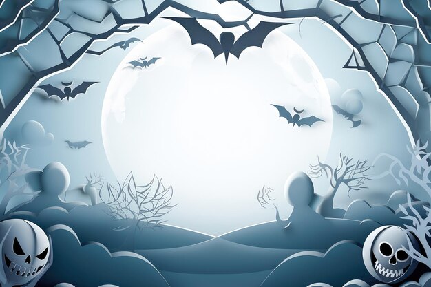 Happy Halloween background with clouds and pumpkins in the style of paper clippings Full moon in the sky spider web skull ghost and flying bats Generative AI