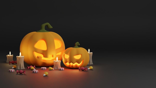 Happy halloween background with Pumpkins candy and candles 3D Rendering