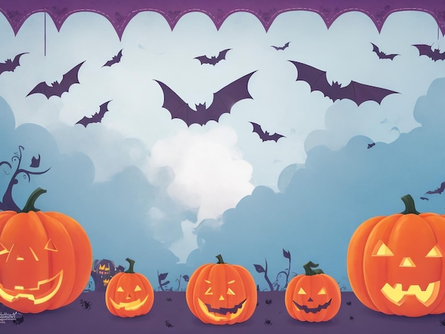 Happy Halloween banner or party invitation background with violet fog clouds and pumpkin