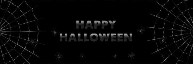 Happy Halloween banner or party invitation black background with spider web and title