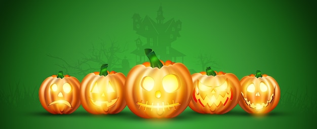 Photo happy halloween banner. realistic image of an orange pumpkin on a green background.